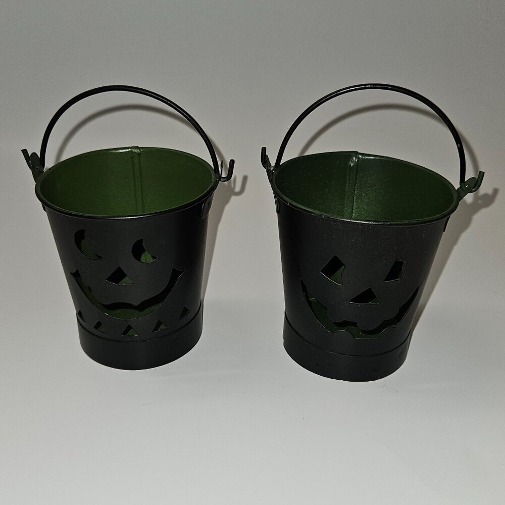 2 Black Metal Buckets Jack-O-Lantern Halloween Candle Holders Small 3" Tall